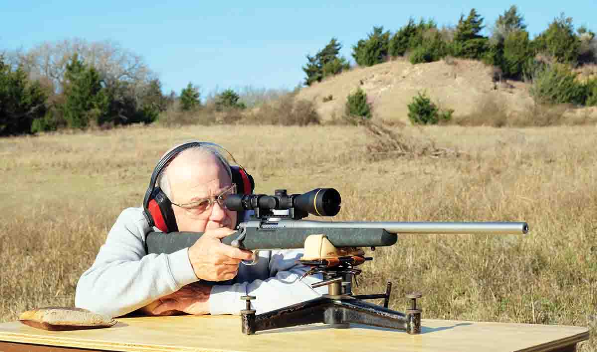 Mike used a portable bench for 300- and 500-yard shooting with a Remington 700 5R Mil-Spec .308 Winchester. The front rest is a Hart pedestal.